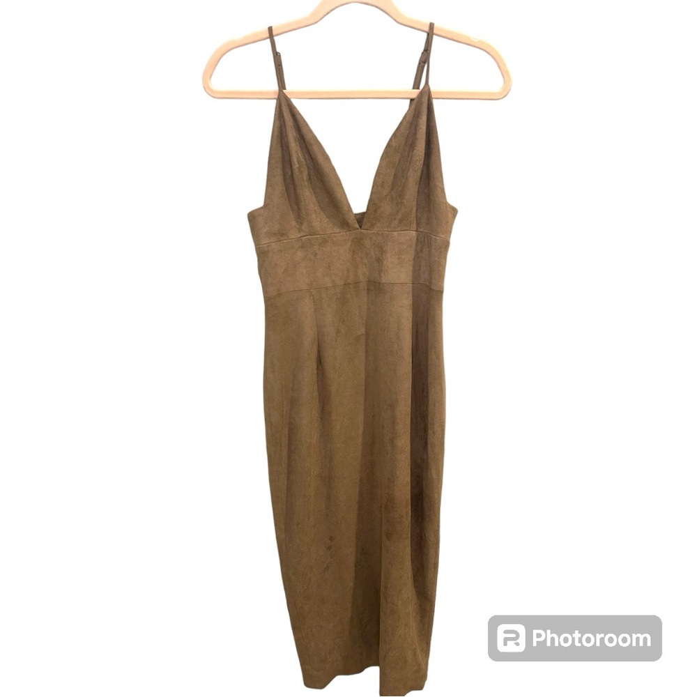 House of CB Suede Midi Dress V neck taupe EUC Size S L0649